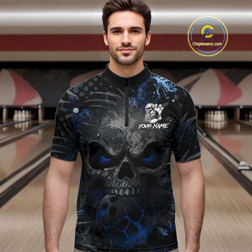 Male bowler wearing Blue Splatter Skull bowling jersey, custom men's bowling shirt, tournament bowling uniform
