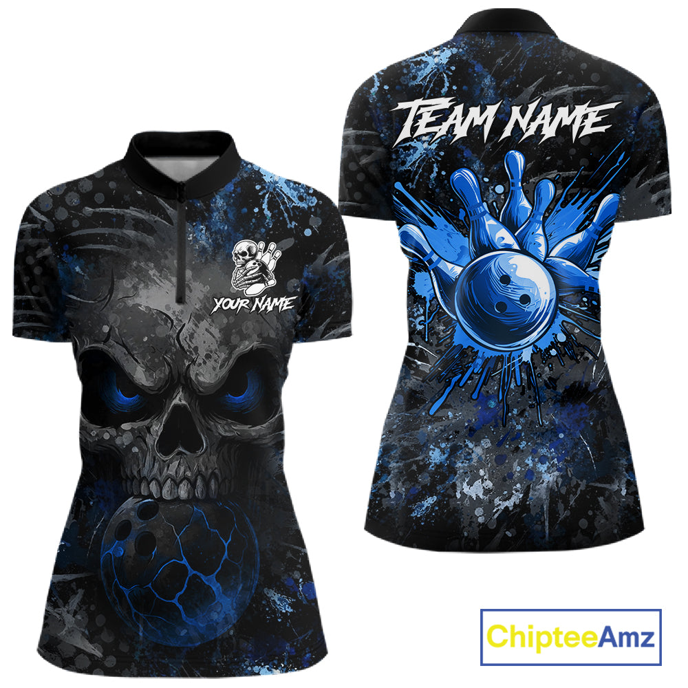 Blue Splatter Skull women's bowling quarter zip shirt, custom bowling team jersey, personalized bowling uniform, league bowling apparel