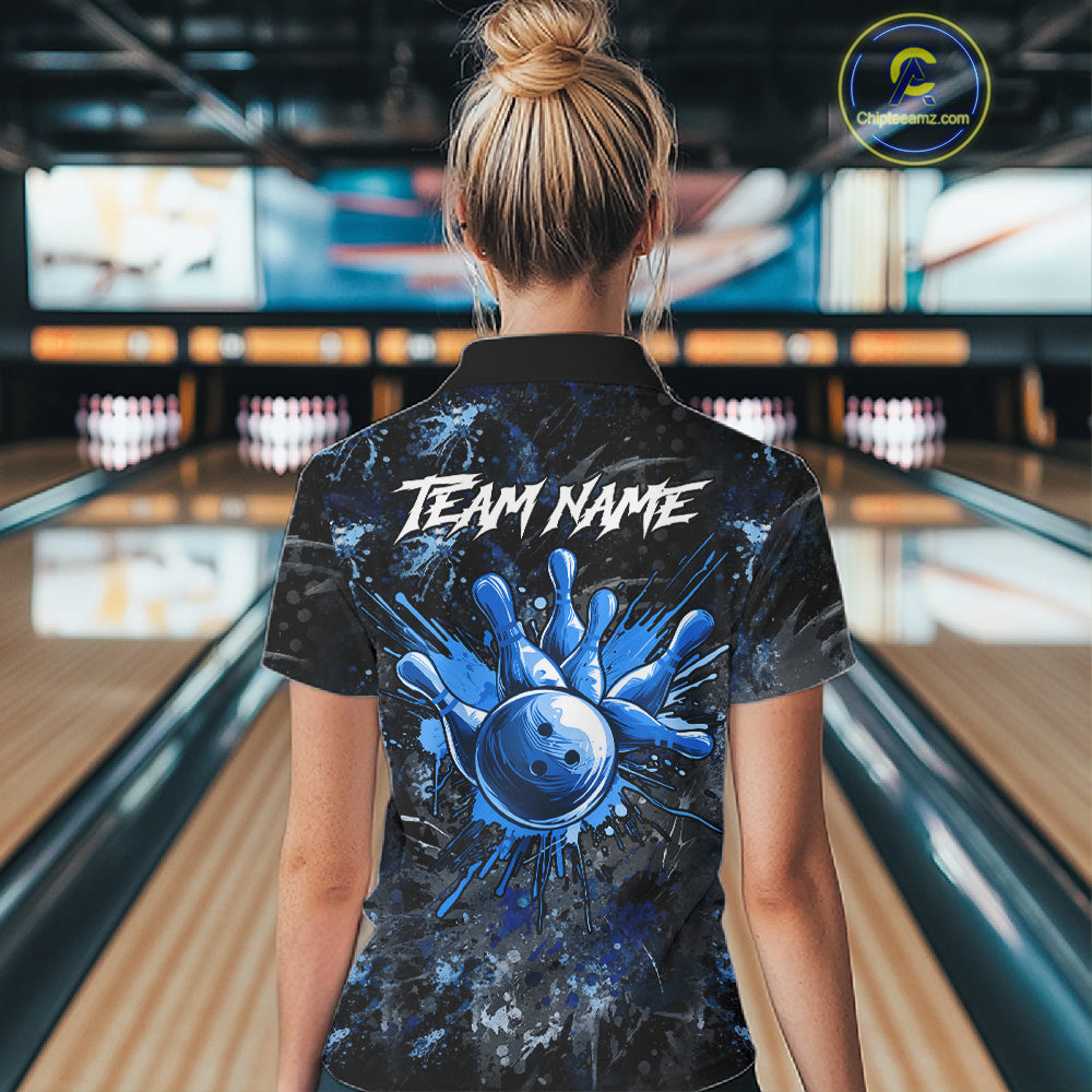 Female bowler wearing Blue Splatter Skull bowling jersey, custom women's bowling shirt, tournament bowling uniform