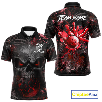 Red Splatter Skull men's bowling polo shirt, custom bowling team shirt, personalized bowling jersey, league bowling apparel