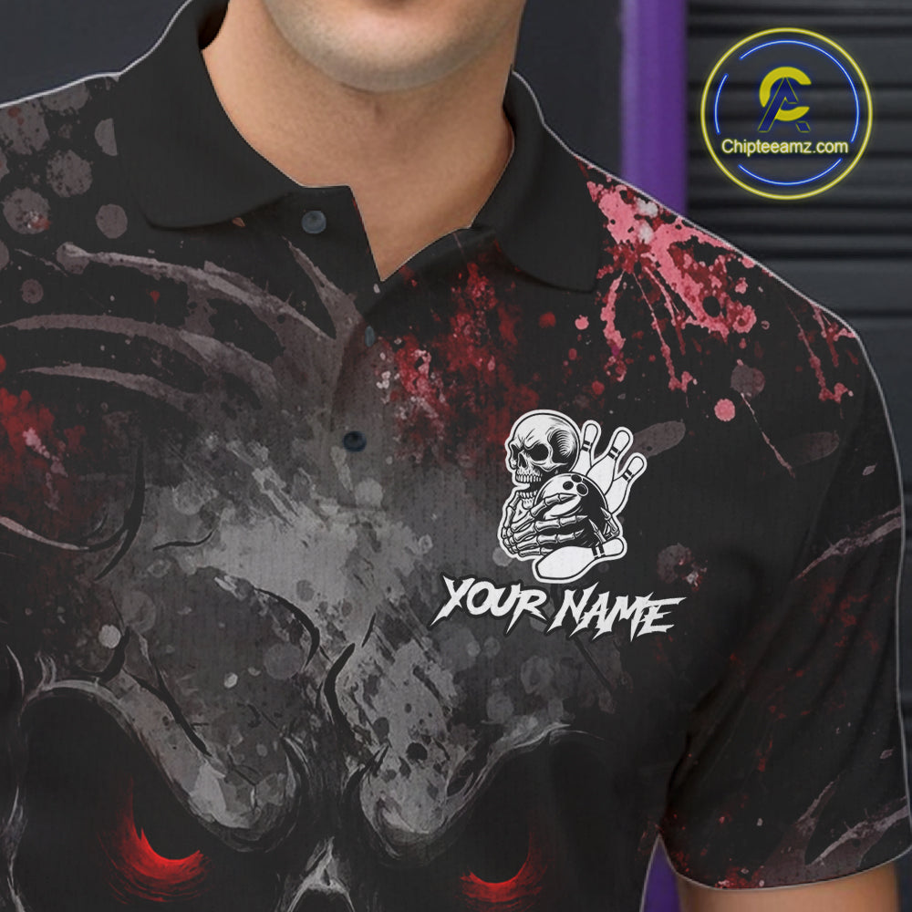 Male bowler wearing Red Splatter Skull bowling shirt, personalized bowling league jersey