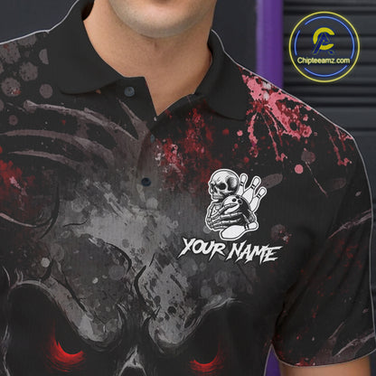 Male bowler wearing Red Splatter Skull bowling shirt, personalized bowling league jersey