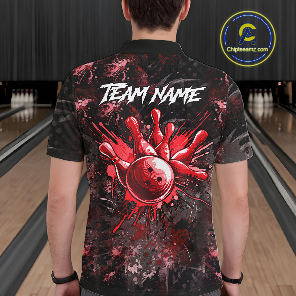 Male bowler wearing Red Splatter Skull bowling shirt, personalized bowling league jersey