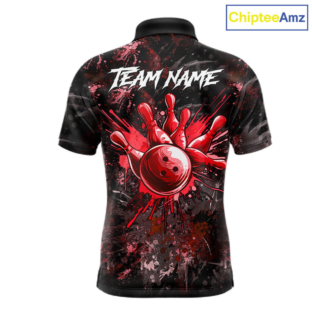 Red Splatter Skull men's bowling polo shirt, custom bowling team shirt, personalized bowling jersey, league bowling apparel