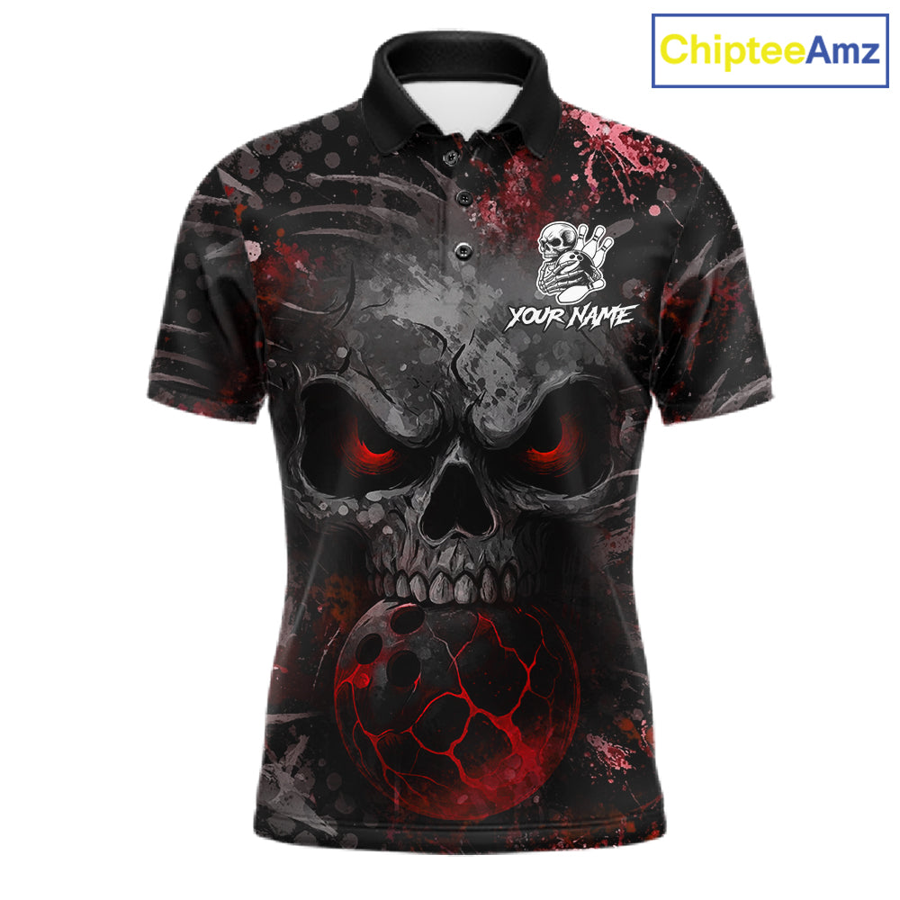 Red Splatter Skull men's bowling polo shirt, custom bowling team shirt, personalized bowling jersey, league bowling apparel