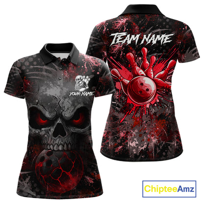 Red Splatter Skull women's bowling polo shirt, custom bowling team shirt, personalized bowling jersey, league bowling apparel