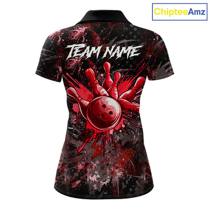 Red Splatter Skull women's bowling polo shirt, custom bowling team shirt, personalized bowling jersey, league bowling apparel