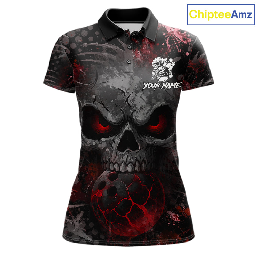 Red Splatter Skull women's bowling polo shirt, custom bowling team shirt, personalized bowling jersey, league bowling apparel