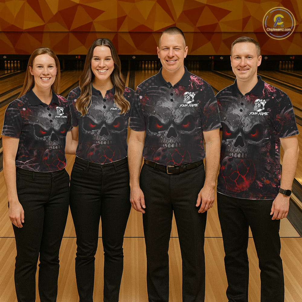 Men women bowling team wearing Red Splatter Skull custom bowling uniforms, league bowling team apparel