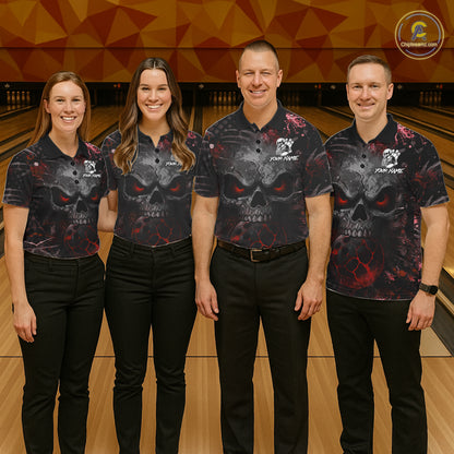 Men women bowling team wearing Red Splatter Skull custom bowling uniforms, league bowling team apparel