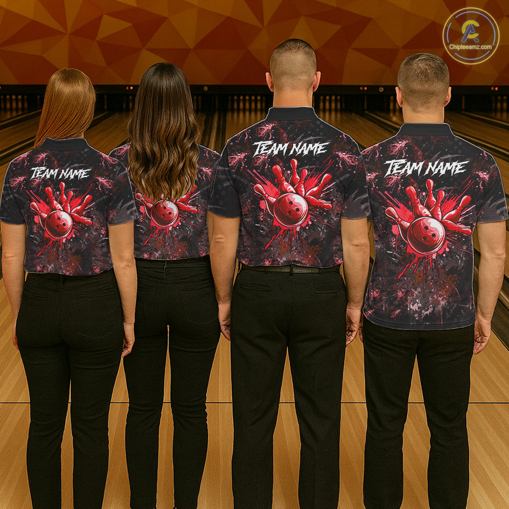 Men women bowling team wearing Red Splatter Skull custom bowling uniforms, league bowling team apparel