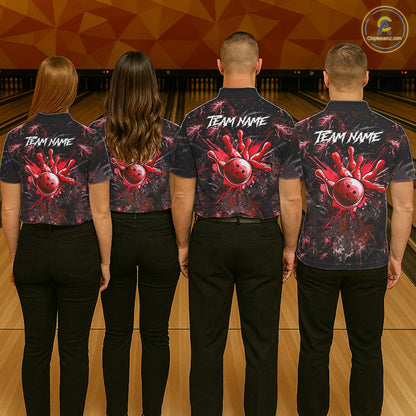 Men women bowling team wearing Red Splatter Skull custom bowling uniforms, league bowling team apparel