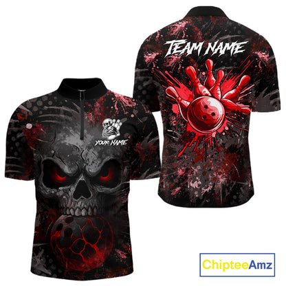 Red Splatter Skull men's bowling quarter zip shirt, custom bowling team jersey, tournament bowling uniform