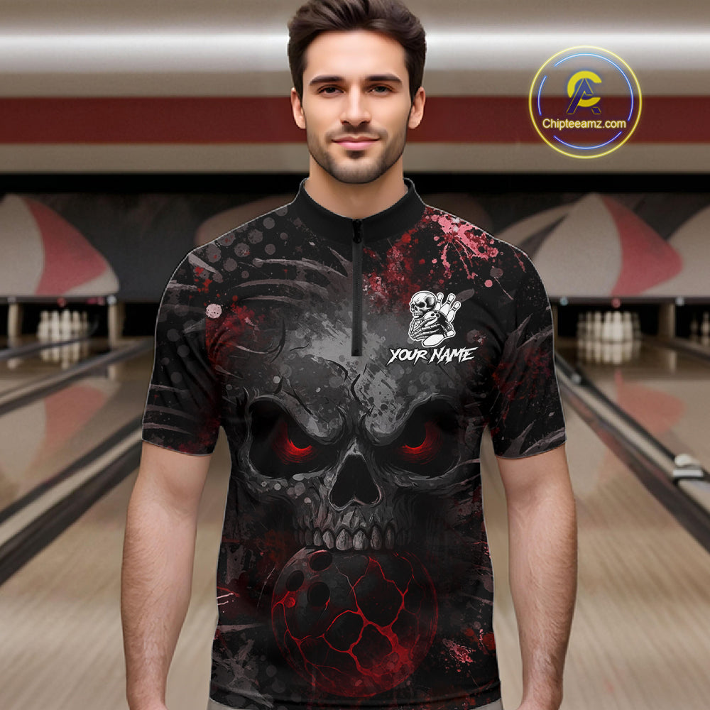 Male bowler wearing Red Splatter Skull bowling shirt, personalized bowling league jersey