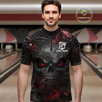 Male bowler wearing Red Splatter Skull bowling shirt, personalized bowling league jersey