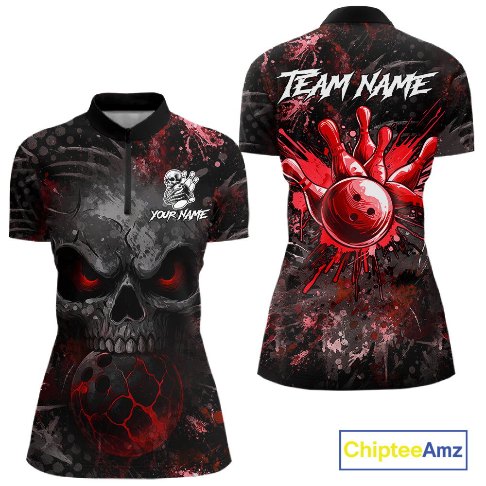 Red Splatter Skull women's bowling quarter zip shirt, custom bowling team jersey, tournament bowling uniform
