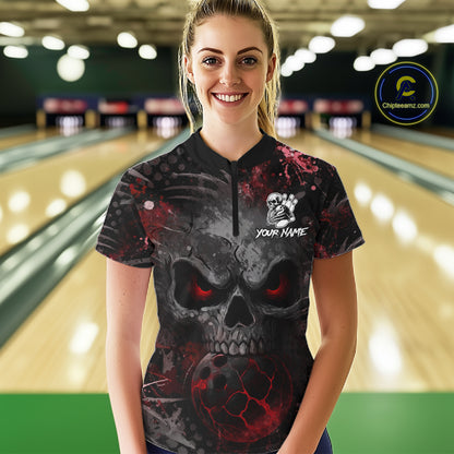 Female bowler wearing Red Splatter Skull bowling shirt, personalized bowling league jersey