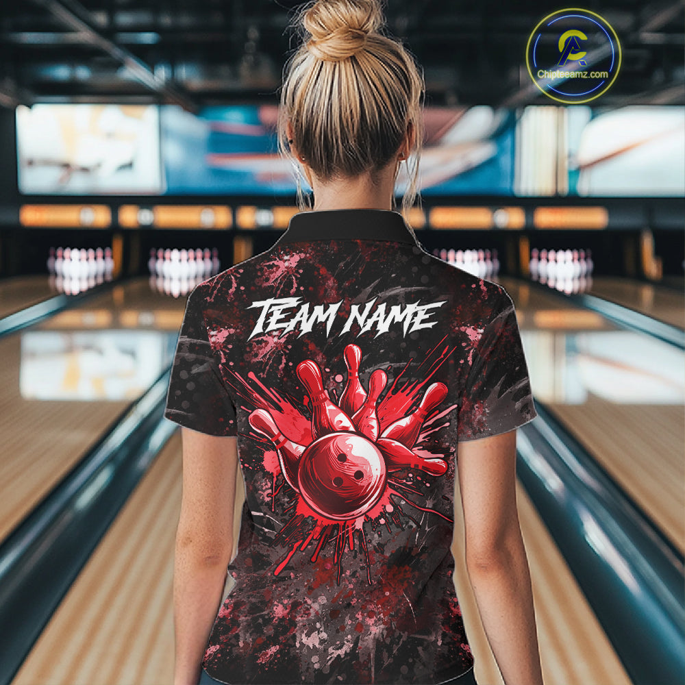Female bowler wearing Red Splatter Skull bowling shirt, personalized bowling league jersey