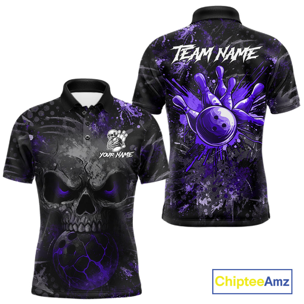 Purple Splatter Skull men's bowling polo shirt, custom bowling jersey, personalized bowling team shirt, tournament apparel