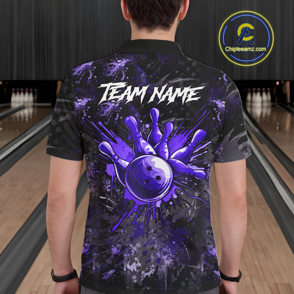 Male bowler wearing Purple Splatter Skull bowling jersey, custom men's bowling apparel