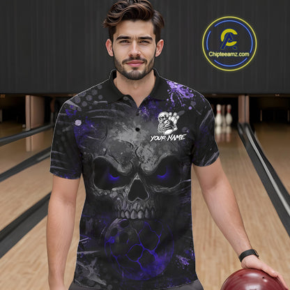 Male bowler wearing Purple Splatter Skull bowling jersey, custom men's bowling apparel