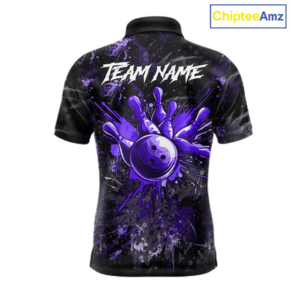 Purple Splatter Skull men's bowling polo shirt, custom bowling jersey, personalized bowling team shirt, tournament apparel