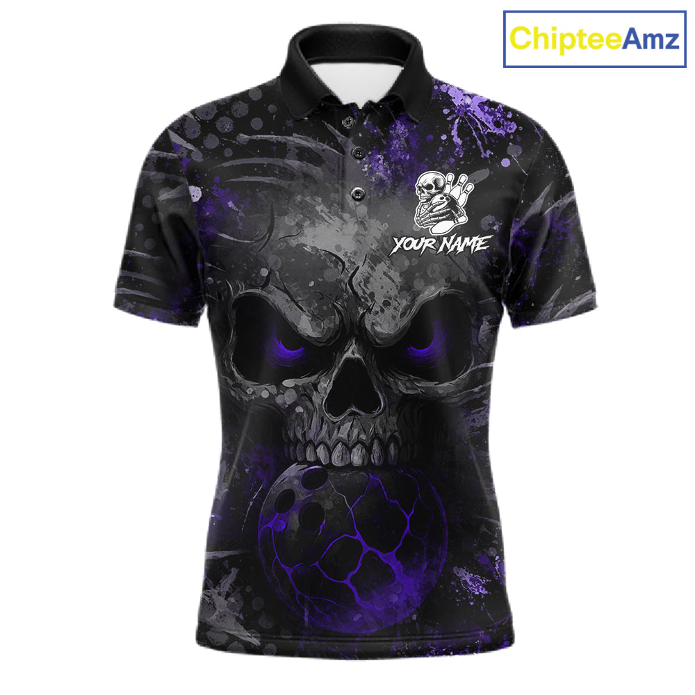 Purple Splatter Skull men's bowling polo shirt, custom bowling jersey, personalized bowling team shirt, tournament apparel