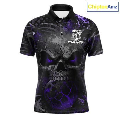 Purple Splatter Skull men's bowling polo shirt, custom bowling jersey, personalized bowling team shirt, tournament apparel