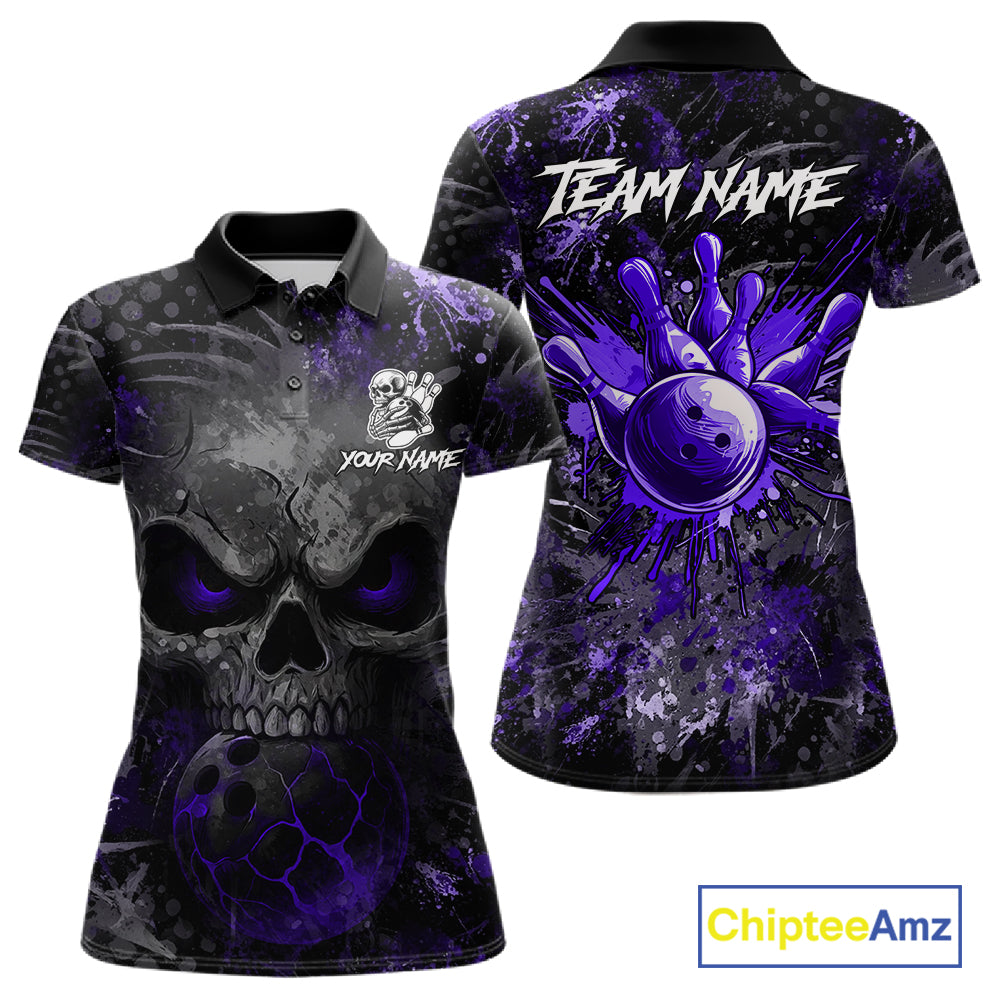 Purple Splatter Skull women's bowling polo shirt, custom bowling jersey, personalized bowling team shirt, tournament apparel