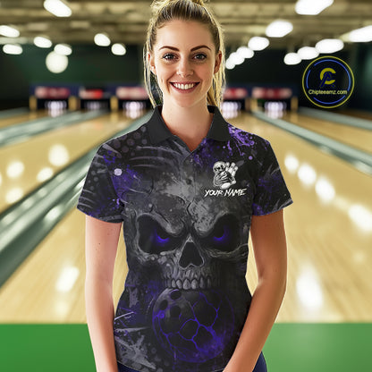 Female bowler wearing Purple Splatter Skull bowling jersey, custom women's bowling apparel