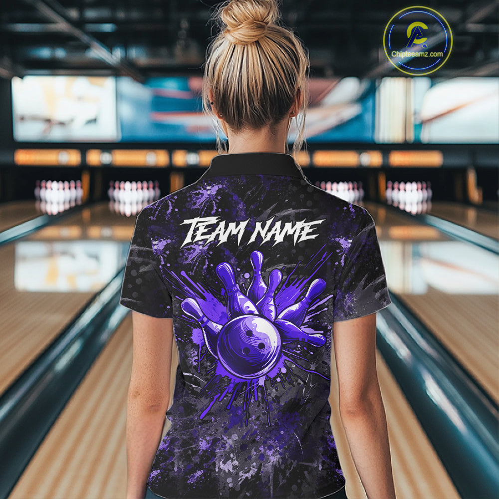 Female bowler wearing Purple Splatter Skull bowling jersey, custom women's bowling apparel