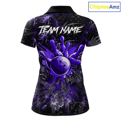 Purple Splatter Skull women's bowling polo shirt, custom bowling jersey, personalized bowling team shirt, tournament apparel