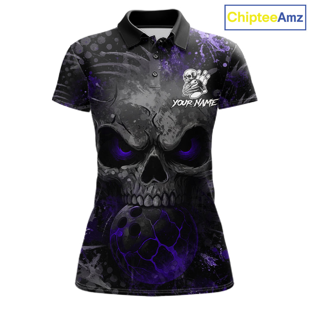 Purple Splatter Skull women's bowling polo shirt, custom bowling jersey, personalized bowling team shirt, tournament apparel