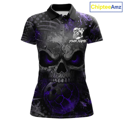 Purple Splatter Skull women's bowling polo shirt, custom bowling jersey, personalized bowling team shirt, tournament apparel