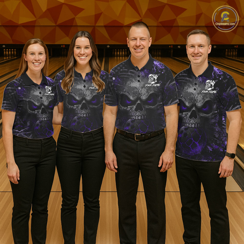 Men women bowling team wearing Purple Splatter Skull personalized bowling jerseys, tournament uniforms