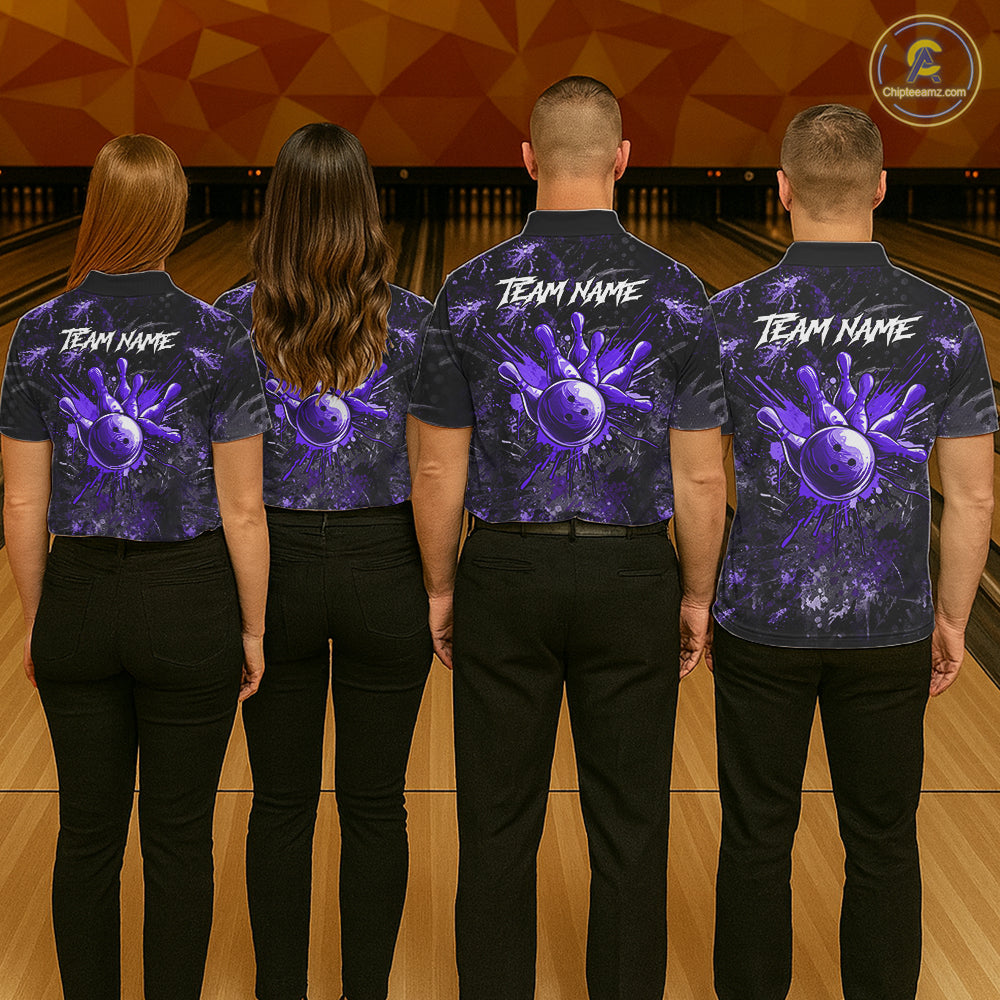 Men women bowling team wearing Purple Splatter Skull personalized bowling jerseys, tournament uniforms