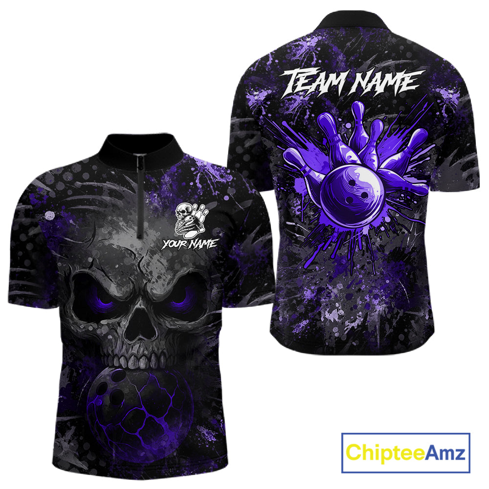 Purple Splatter Skull men's bowling quarter zip shirt, custom bowling team uniform, league bowling jersey