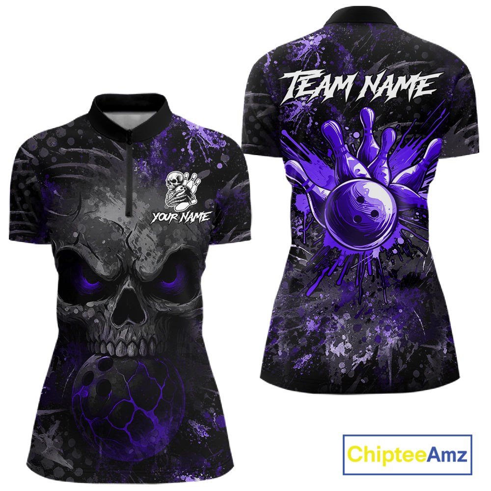 Purple Splatter Skull women's bowling quarter zip shirt, custom bowling team uniform, league bowling jersey