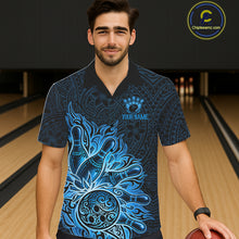 Load image into Gallery viewer, Male and female models wearing Blue Tribal Pattern bowling Hawaiian shirts, tribal-inspired bowling team apparel, tropical button-up shirts, resort vacation clothing representing strength, heritage, confidence and competitive teamwork