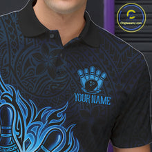 Load image into Gallery viewer, Male bowler wearing Blue Tribal Bowling Ball bowling jersey, custom bowling league apparel