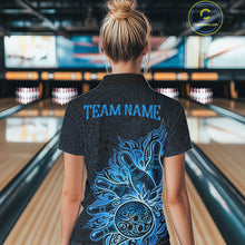 Load image into Gallery viewer, Female bowler wearing Blue Tribal Bowling Ball bowling jersey, custom bowling league apparel