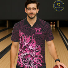 Load image into Gallery viewer, Male and female models wearing Pink Tribal Pattern bowling Hawaiian shirts, vibrant tropical bowling apparel, custom button-up league uniforms symbolizing creativity, confidence, friendship, positivity and team unity