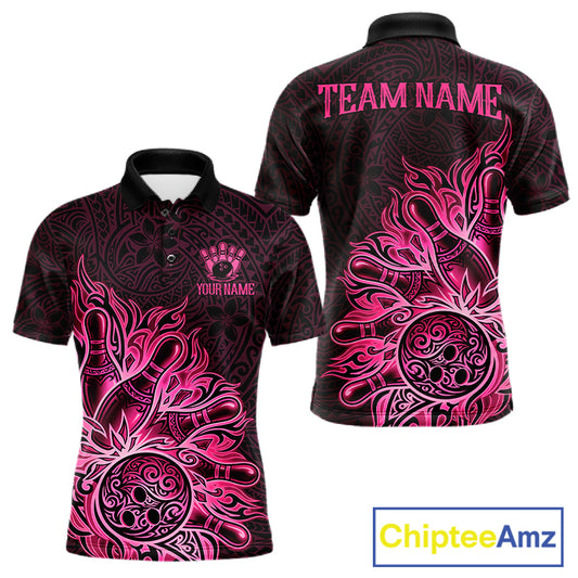 Pink Tribal Pattern Bowling Ball men's bowling polo shirt, custom tribal bowling team shirt, personalized bowling jersey
