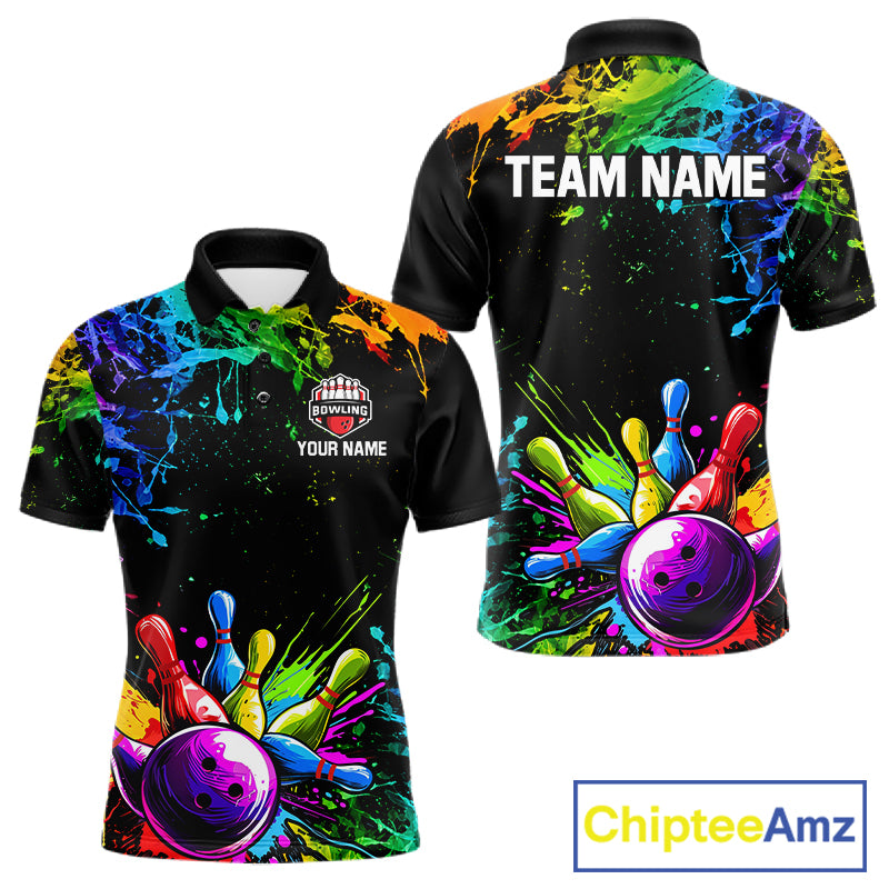 Colorful Rainbow Splatter men's bowling polo shirt, custom bowling team shirt, personalized bowling jersey