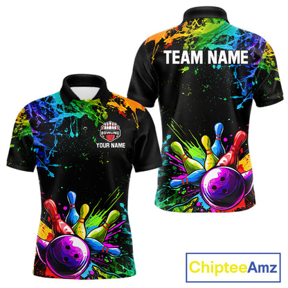 Colorful Rainbow Splatter men's bowling polo shirt, custom bowling team shirt, personalized bowling jersey