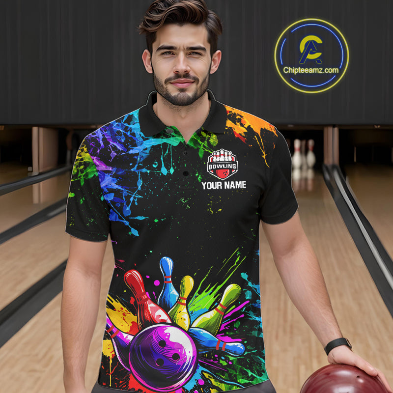 Male bowler wearing Colorful Rainbow Splatter bowling jersey, custom men's bowling shirt