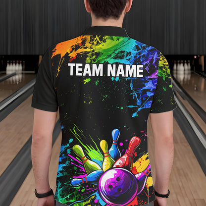 Male bowler wearing Colorful Rainbow Splatter bowling jersey, custom men's bowling shirt
