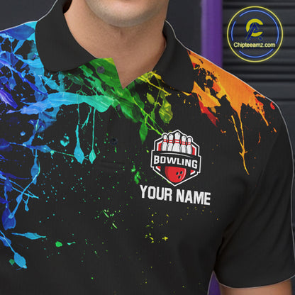 Male bowler wearing Colorful Rainbow Splatter bowling jersey, custom men's bowling shirt