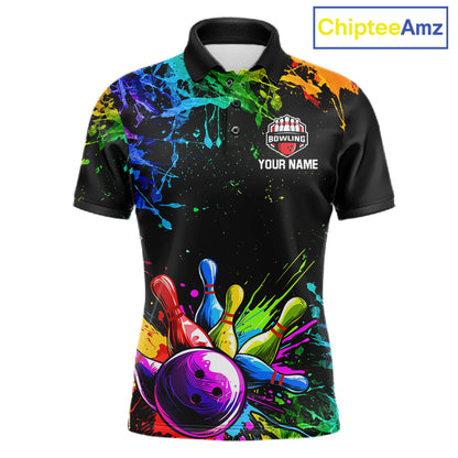 Colorful Rainbow Splatter men's bowling polo shirt, custom bowling team shirt, personalized bowling jersey