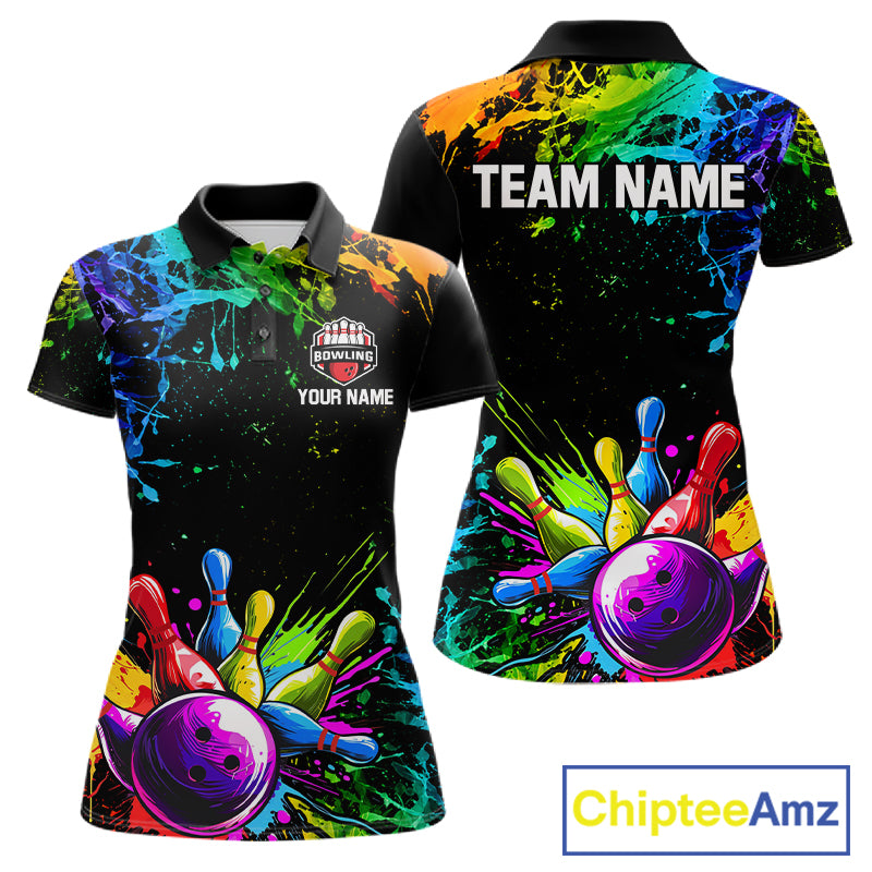 Colorful Rainbow Splatter women's bowling polo shirt, custom bowling team shirt, personalized bowling jersey